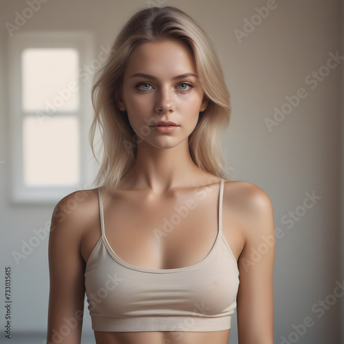 portrait of a woman in a Crop top & underwear with a neutral face. Soft natural gray background 
