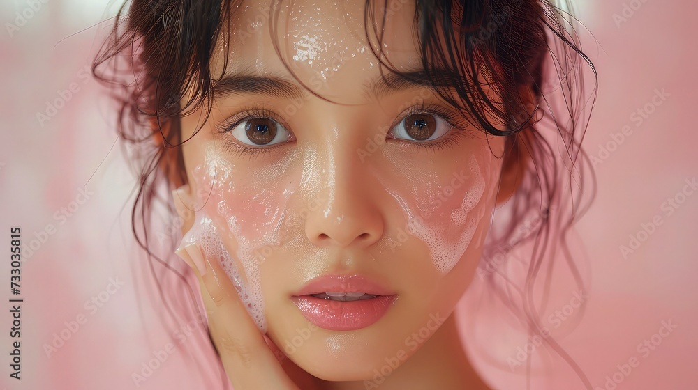 Fresh-Faced Beauty: Korean Teen Model Demonstrating Cleansing Routine with Gentle Face Wash Fresh-Faced Beauty: Korean Teen Model Demonstrating Cleansing Routine with Gentle Face Wash