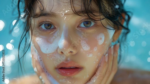 Fresh-Faced Beauty: Korean Teen Model Demonstrating Cleansing Routine with Gentle Face Wash © pengedarseni