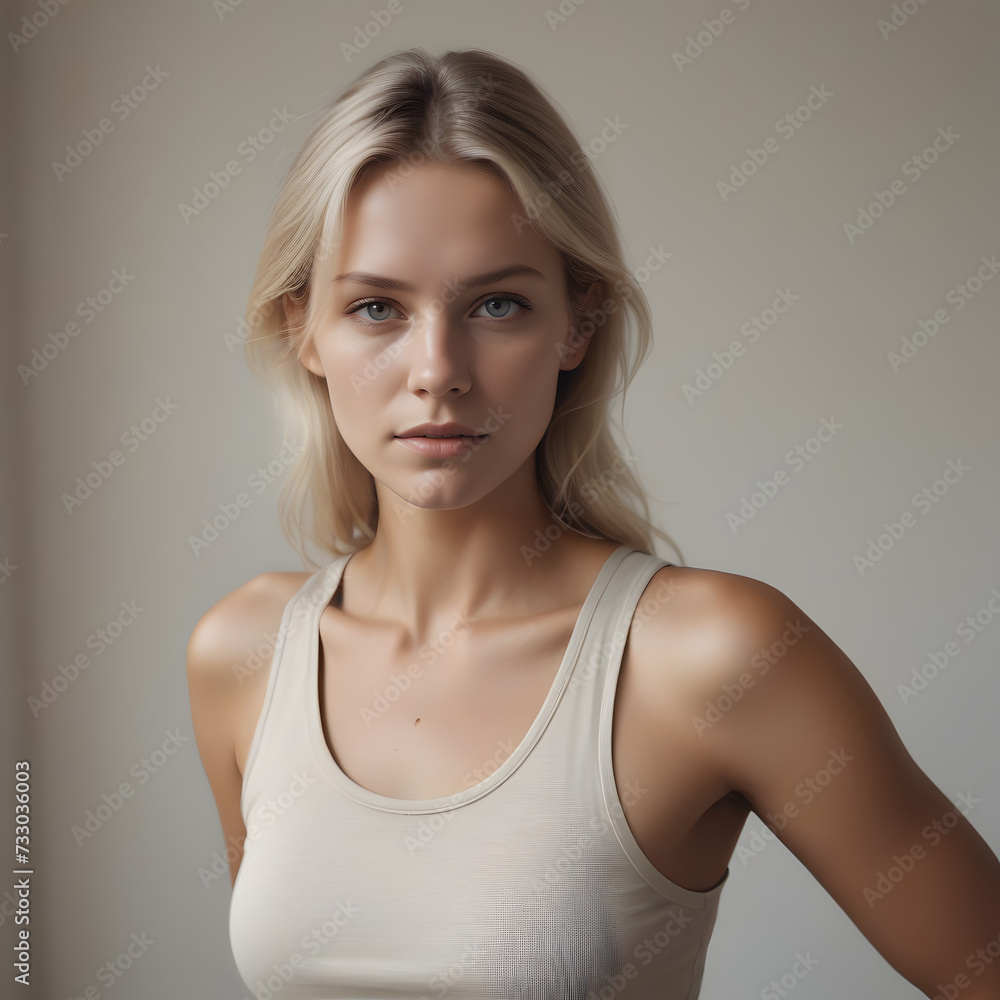 portrait of a woman in a Crop top & underwear with a neutral face. Soft natural gray background portrait of a woman in a Crop top & underwear with a neutral face. Soft natural gray background