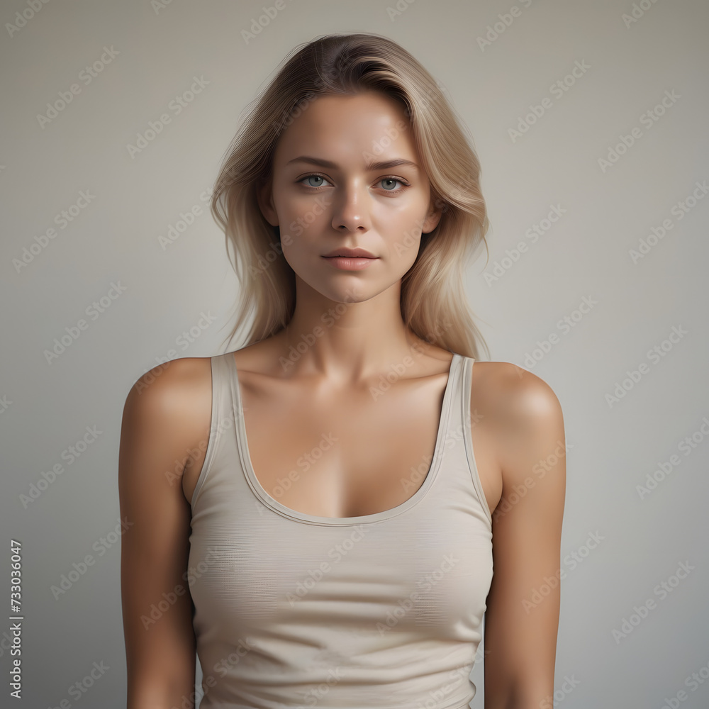 portrait of a woman in a Crop top & underwear with a neutral face. Soft natural gray background portrait of a woman in a Crop top & underwear with a neutral face. Soft natural gray background