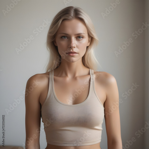 portrait of a woman in a Crop top & underwear with a neutral face. Soft natural gray background 