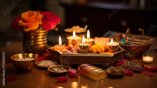 Diwali puja with offerings and incense