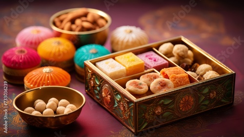 Diwali sweets and mithai in decorative boxes © Cloudyew