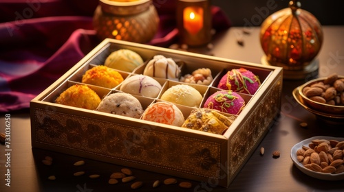 Diwali sweets and treats in a decorative box © Cloudyew