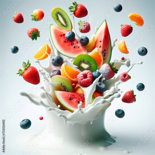 Splash of fresh fruit and berries in milk  isolated on white background