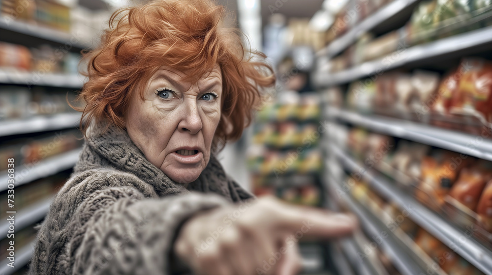 Stern older woman points in grocery aisle Stern older woman points in grocery aisle