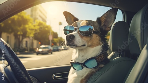 A dog with two sunglasses driving a car on a city street.