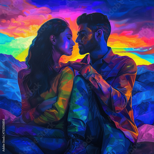 Ultracalistic drawing  two he and she  natural skin texture  skin pores  dark haired  fashionable fashion  iridescent colors of the rainbow  play of light and shadows  captured emotions  sunset backgr