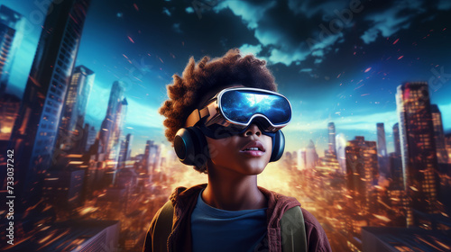 Portrait of a happy smiling enthusiastic african american black woman child boy man wearing virtual reality headset.