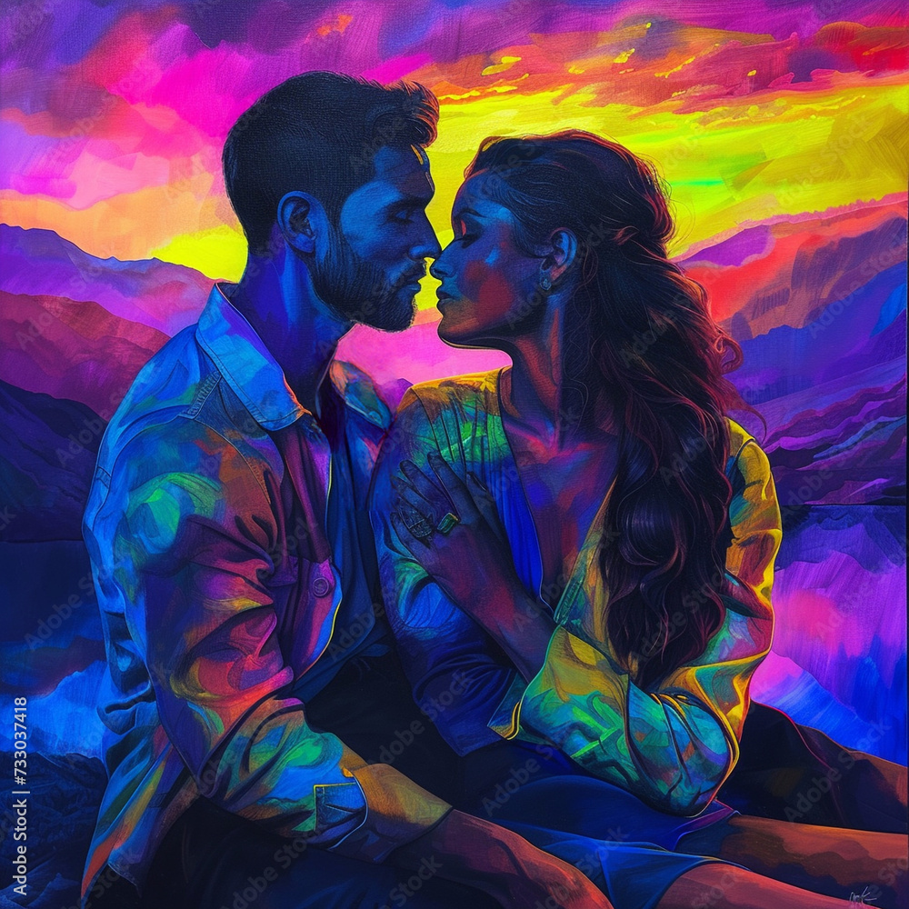 Ultracalistic drawing: two he and she, natural skin texture, skin pores, dark haired, fashionable fashion, iridescent colors of the rainbow, play of light and shadows, captured emotions, sunset backgr Ultracalistic drawing: two he and she, natural skin texture, skin pores, dark haired, fashionable fashion, iridescent colors of the rainbow, play of light and shadows, captured emotions, sunset backgr