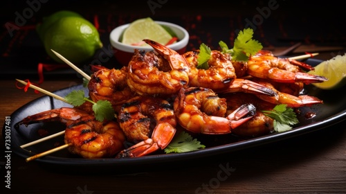 Skewers of bbq prawns with a vibrant marinade, an appetizing spectacle