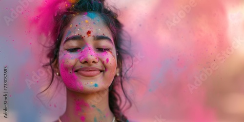 Face of a happy Indian woman in crumbly colored paints. Holicolor festival banner with copy space
