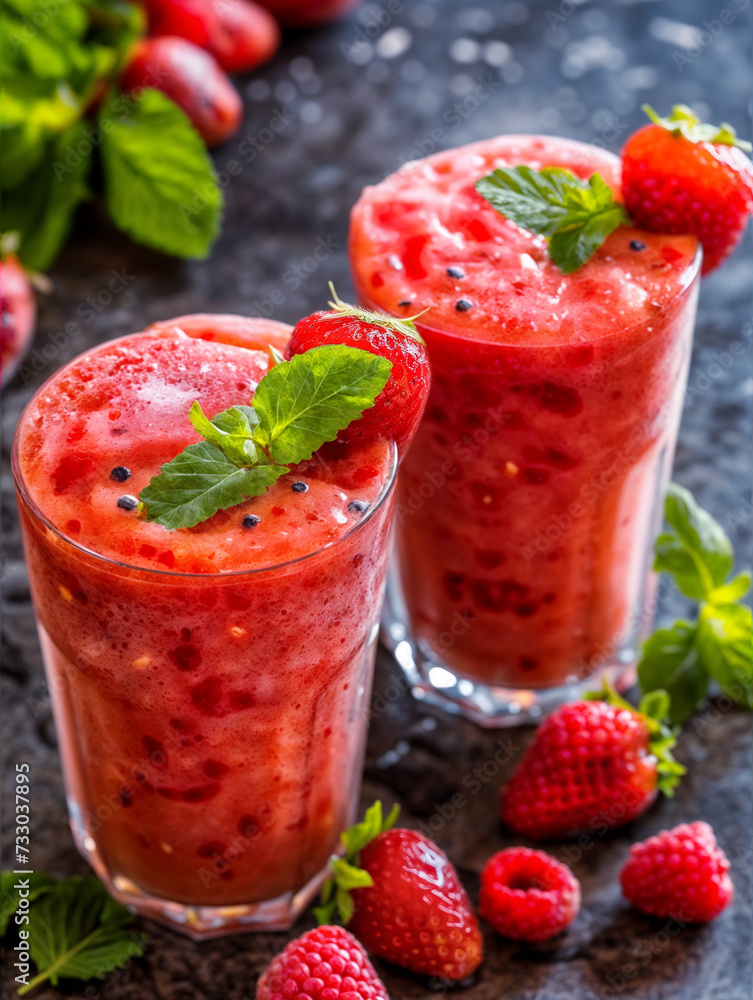 Fruit slush image, delicious smoothie closeup, strawberry and berries healthy drink / beverage 