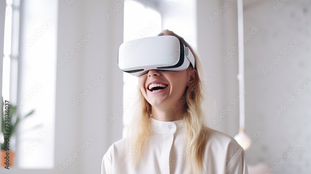 Portrait of a happy smiling passionate Caucasian girl woman blonde man in a virtual reality headset in a white room.