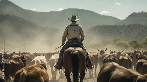 A cowboy on horseback in a cattle roundup photo