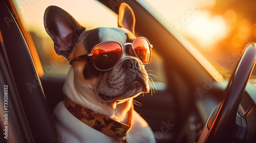 Close-up of a funny happy doggie driver wearing sunglasses, driving a car at sunset. Travel, Summer, the Golden Hour of the concept. © liliyabatyrova