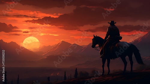 A cowboy riding a horse at sunset © Muhammad