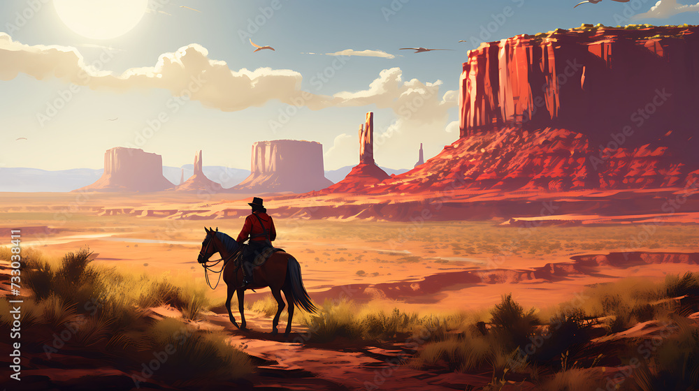 A cowboy riding a horse in a desert landscape