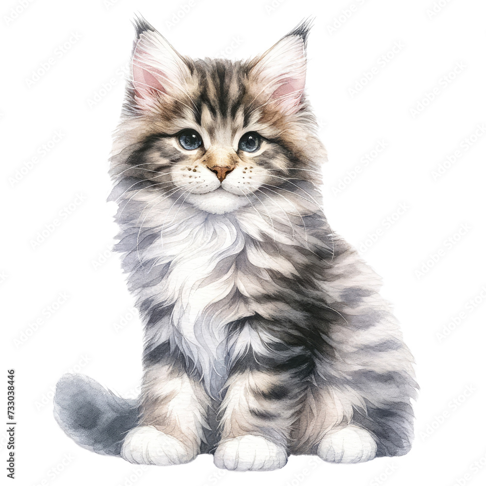 Tabby Maine Coon Cat Watercolor Clipart, Isolated on Transparent Background Elegant Feline Breed Illustration for Cat Lovers