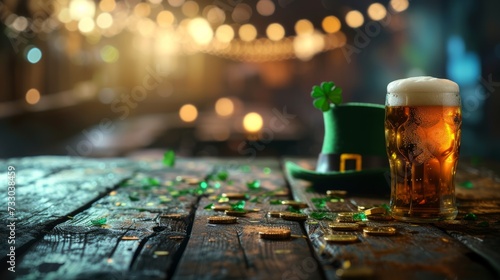 Celebratory St. Patrick's Day setting with a pint of beer, leprechaun hat, gold coins, and shamrocks on an old wooden table, with a blurred pub background and space for text photo