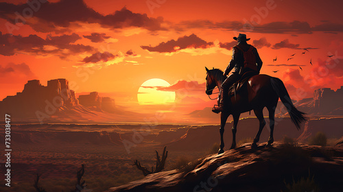 A cowboy riding a horse at sunset © Muhammad