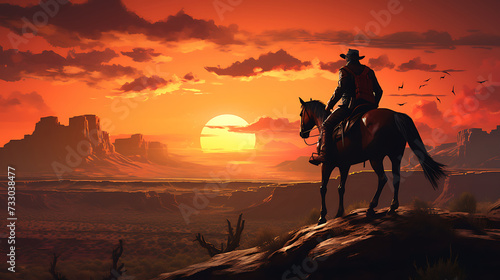 A cowboy riding a horse at sunset