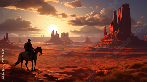 A cowboy riding a horse in a desert landscape