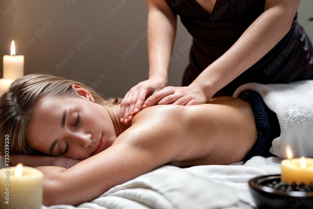 Obraz premium A woman lies comfortably with eyes closed, receiving a relaxing back massage in a serene spa setting