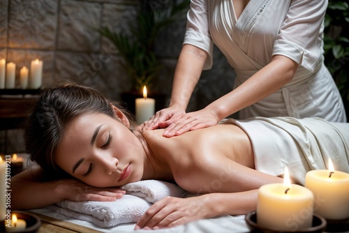 A woman lies comfortably with eyes closed, receiving a relaxing back massage in a serene spa setting