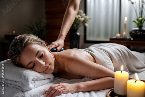 A woman lies comfortably with eyes closed, receiving a relaxing back massage in a serene spa setting