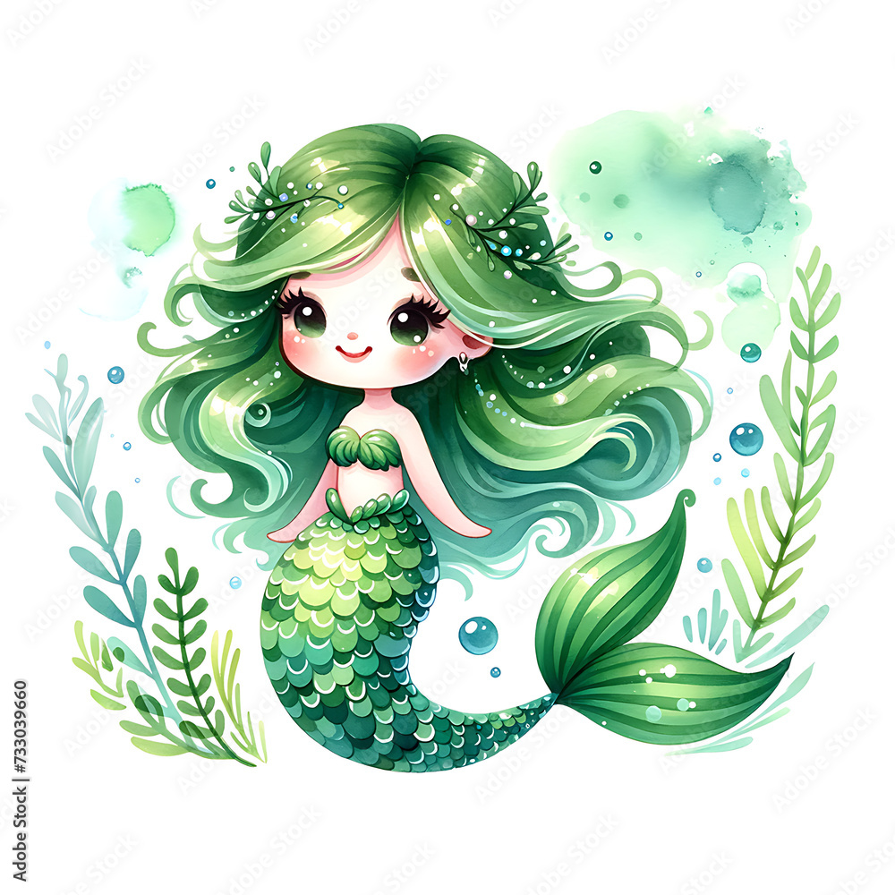 cute green mermaid watercolor illustration cute green mermaid watercolor illustration