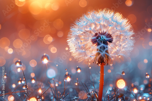 fluffy white dandelion in the beautiful sunset light with sparkling water droplets