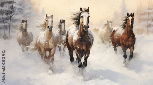 A group of horses in a snow-covered field