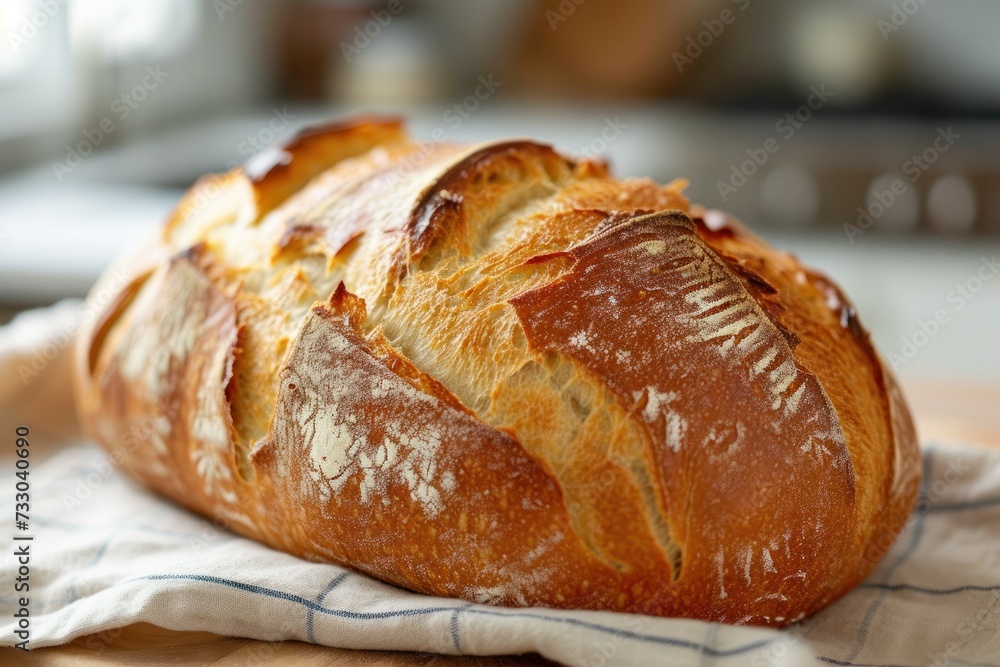 A freshly baked crusty loaf of bread with visible flour and scoring, perfect for culinary presentations, food blogs, or bakery advertising