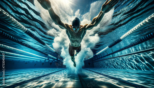A dynamic image captures a swimmer diving powerfully into a pool, creating a splash, in a race against the backdrop of marked swimming lanes.Sport concept. AI generated. photo
