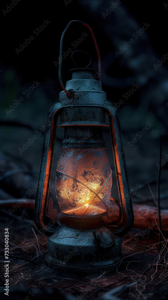An old-fashioned lantern emitting a soft light, the rusty texture and cracked glass pane telling stories of time, set against a dark, mysterious backdrop.