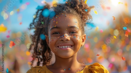 A girl's smile under a shower of confetti radiating positivity on International Day of Joy