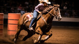 A horse and rider in a barrel racing competition