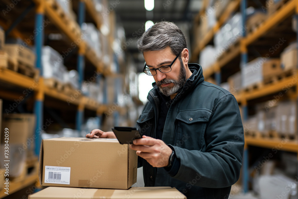 Inventory middle aged manager using smartphone to scan a barcode on parcel in warehouse Inventory middle aged manager using smartphone to scan a barcode on parcel in warehouse
