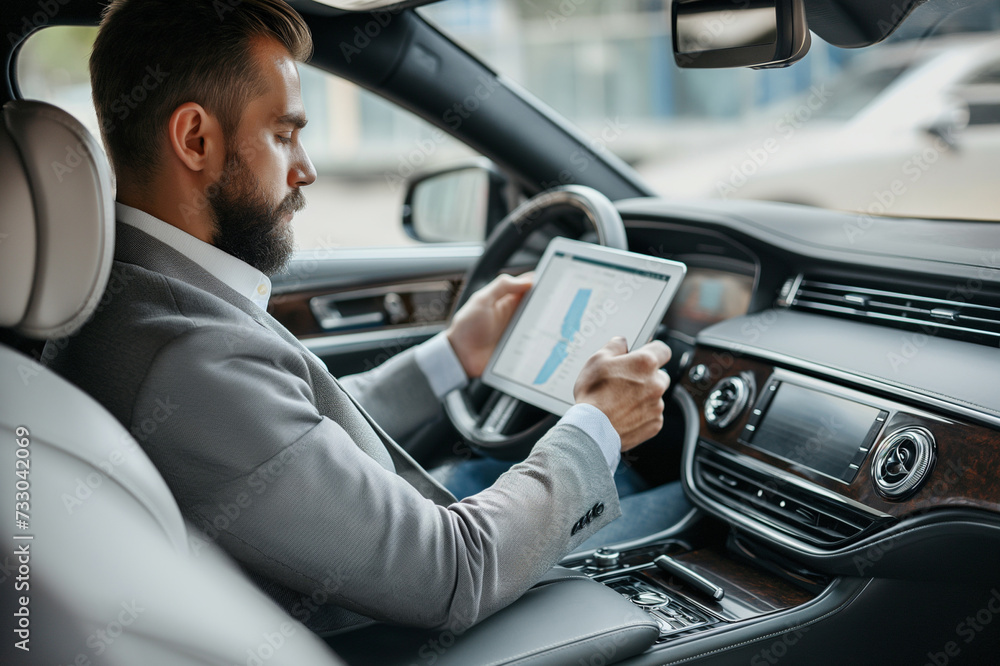 businessman using tablet and sitting on the steering wheel of his car