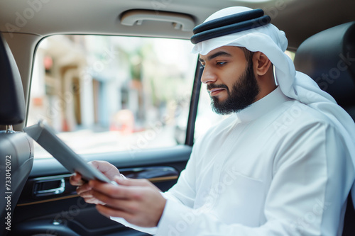 muslim businessman in white traditional outfit using a tablet on the back seat of his car