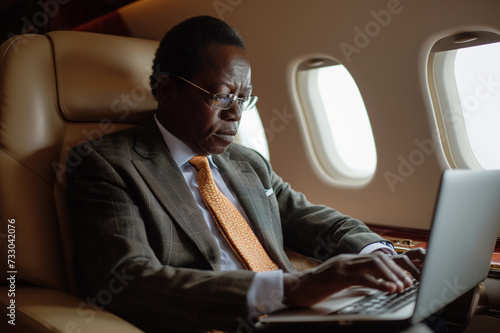 Handsome african middle aged businessman in suit working on laptop in plane during business trip © ty