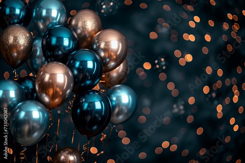 Color and sparkle of balloons hanging from a dark background, in the style of xmaspunk, dark cyan and brown, spectacular backdrops, joyful chaos. photo