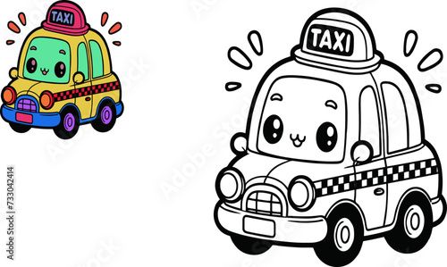 Coloring book for kids, taxi vector with colorful sample