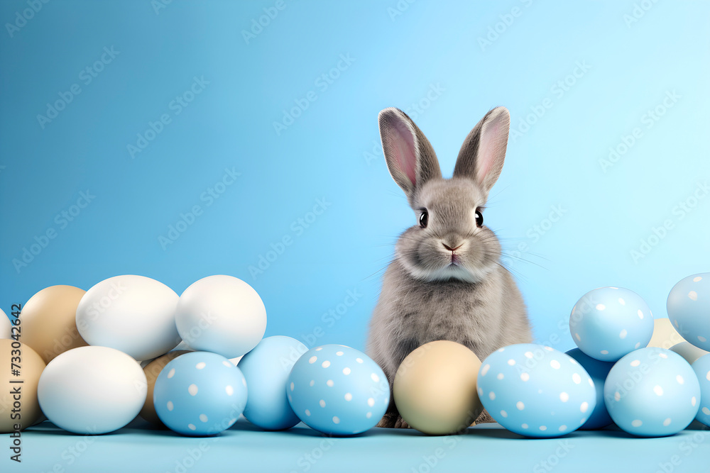 Gray rabbit with blue Easter eggs. Copy space background. AI generated Gray rabbit with blue Easter eggs. Copy space background. AI generated