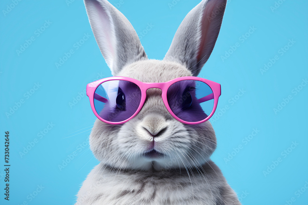 Portrait of a fashionable rabbit wearing pink sunglasses on blue background. AI generated