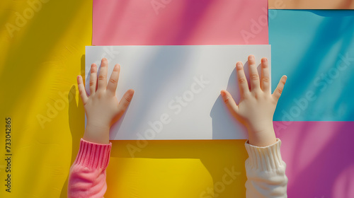Child hands holding showing blank white empty paper board banner card billboard note for text advertising message copy space on colorful vibrant mockup background