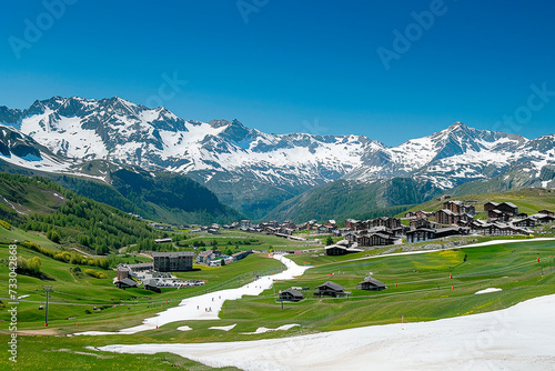ski resort with little snow and many green meadows