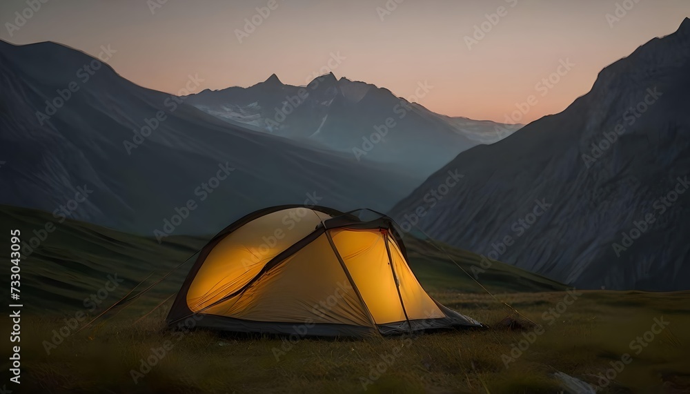 tent in landscape with sunset behind. peace, happiness and adventure concept. tent in landscape with sunset behind. peace, happiness and adventure concept.